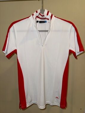 J.Lindeberg White & Red Short Sleeve Zip Golf Polo
